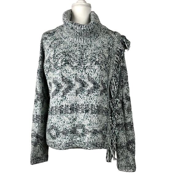 Lucky Brand Sweater Women's Medium Green Black White Cowl Neck Aztec Fringe Wool - Picture 2 of 8